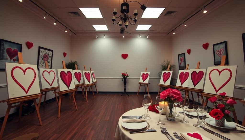 Colorado Sip and Paint Speed Dating Valentine's Day event setup with heart-themed paintings