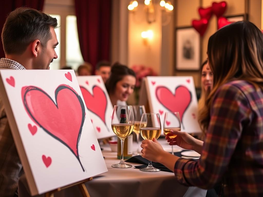 Colorado singles enjoying sip and paint speed dating with Valentine's Day themed art