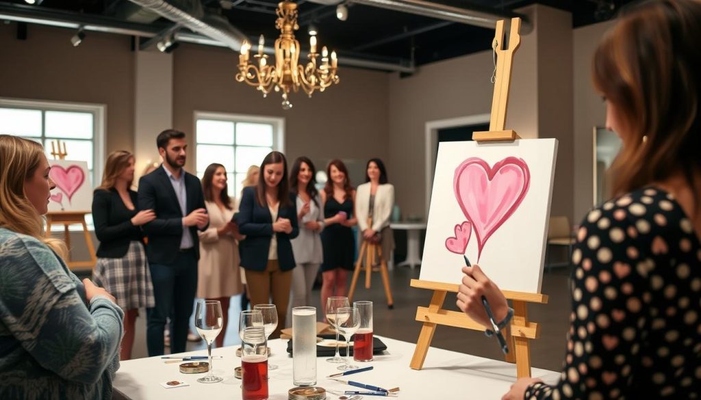 Colorado singles getting painting instructions at a sip and paint speed dating event